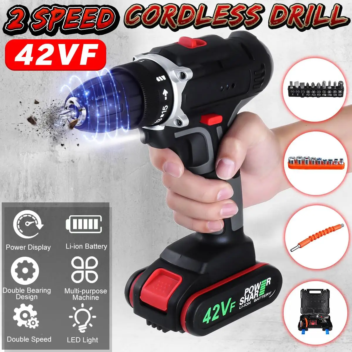 

Becornce 42V 7500mAh Multifunctional Electric Drill Dual Speed Cordless Power Screwdriver Set with Li-ion Battery