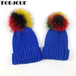 Зимние теплые шерстяные вязаные шапочки для родителя и ребенка, однотонный шерстяной трикотаж DIY, разноцветные помпоны из натурального