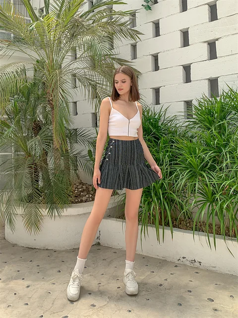 Pleated sexy mini skirt in gray