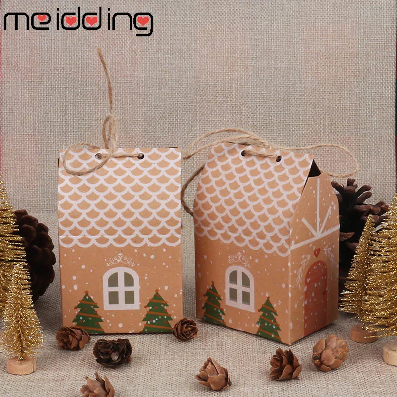 

5 PCS Merry Christmas Paper Bag Christmas Tree Candy Gift Packing Bag Gift Paper Bag Kraft Candy Box Like Home Shape With Rope