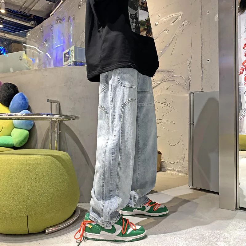 ICCLEK Tooling Jeans Men's Casual Pants Straight Loose Pants Fashion Wide-leg Pants Casual Trousers Punk Pants  Blue Pants