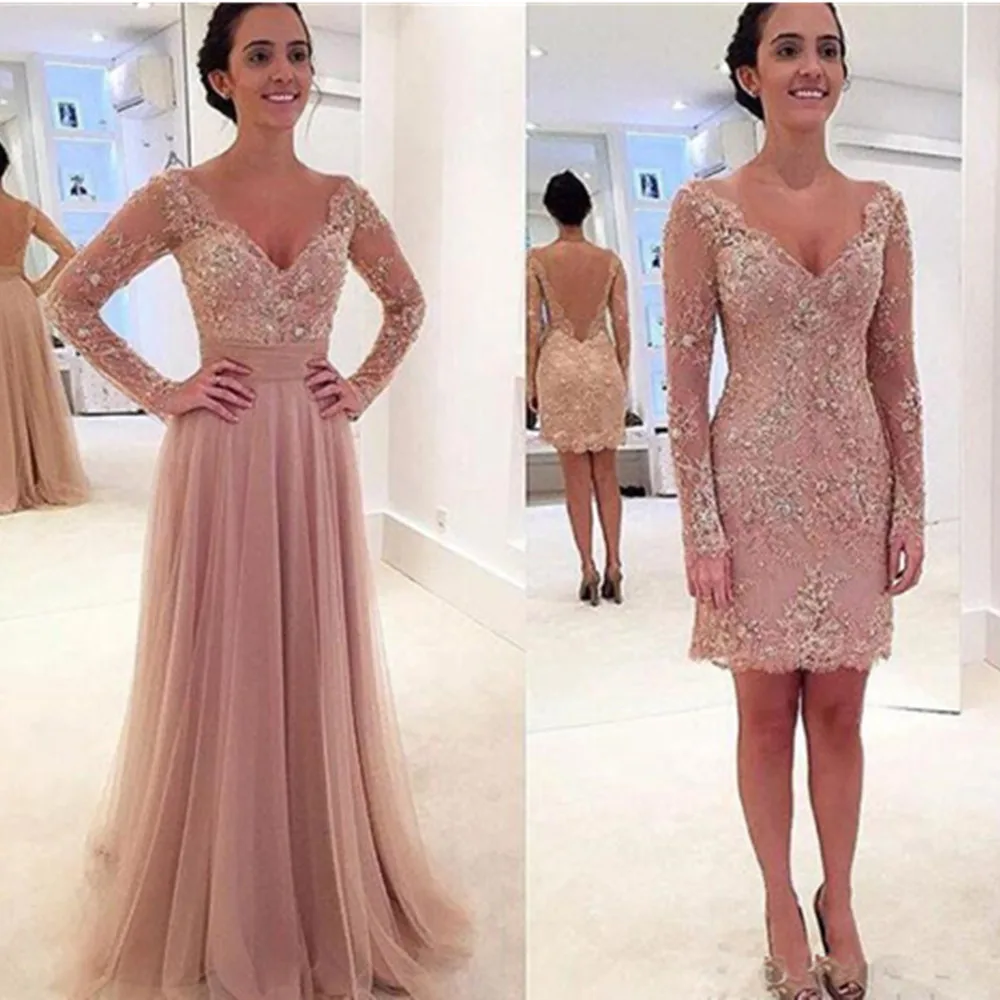 Vestidos, Тюлевое сексуальное вечернее платье с открытой спиной, винтажная Съемная юбка, v-образный вырез, длинный рукав, оболочка, аппликация Выпускные платья