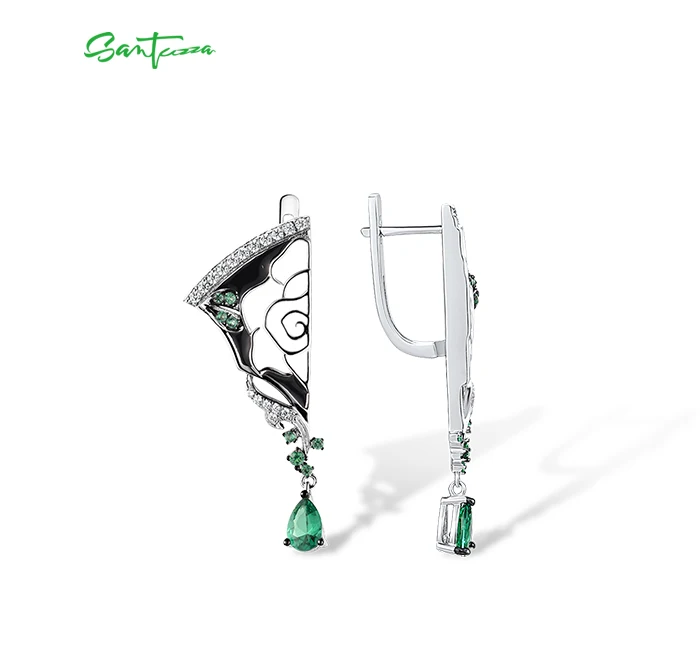 Silver Spinel Peony Enamel Asymmetric Earrings