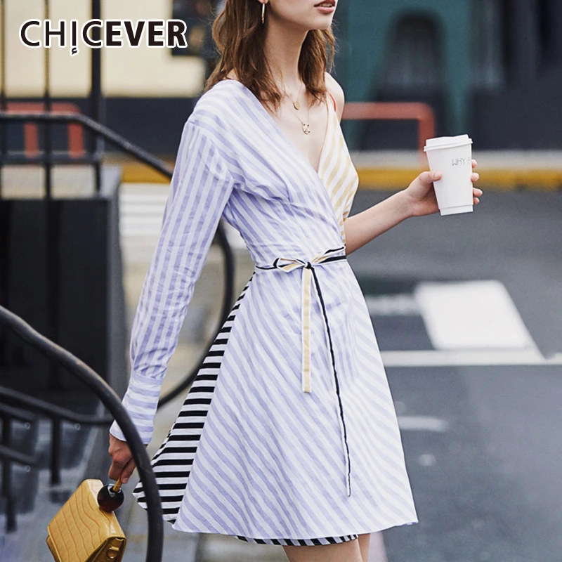 

CHICEVER Striped Hit Color Dress For Women Off Shoulder High Waist Bow Lace Up A Line Dresses Female Fashion New Korean Summer