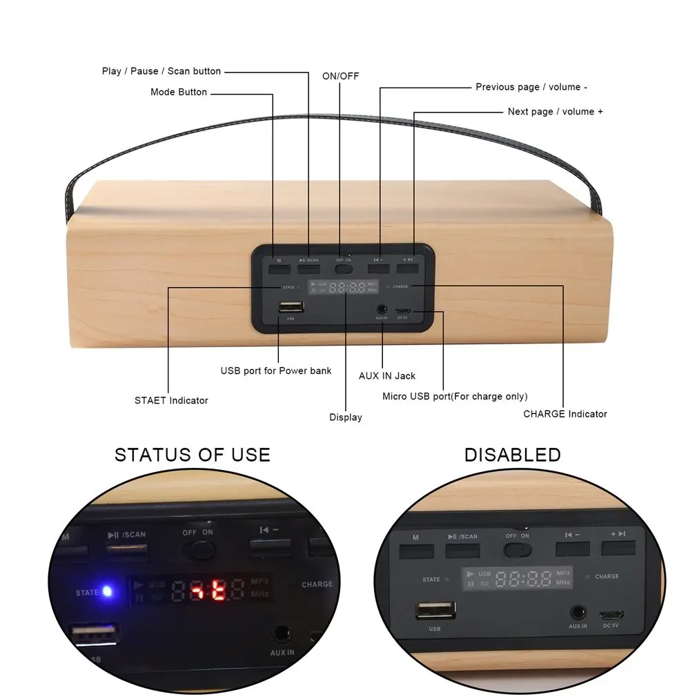 Wooden Speaker FM Radio MP3 Player Aux Portable Wireless 4000mah Rechargable Battery for Smartphone Tablet Computer