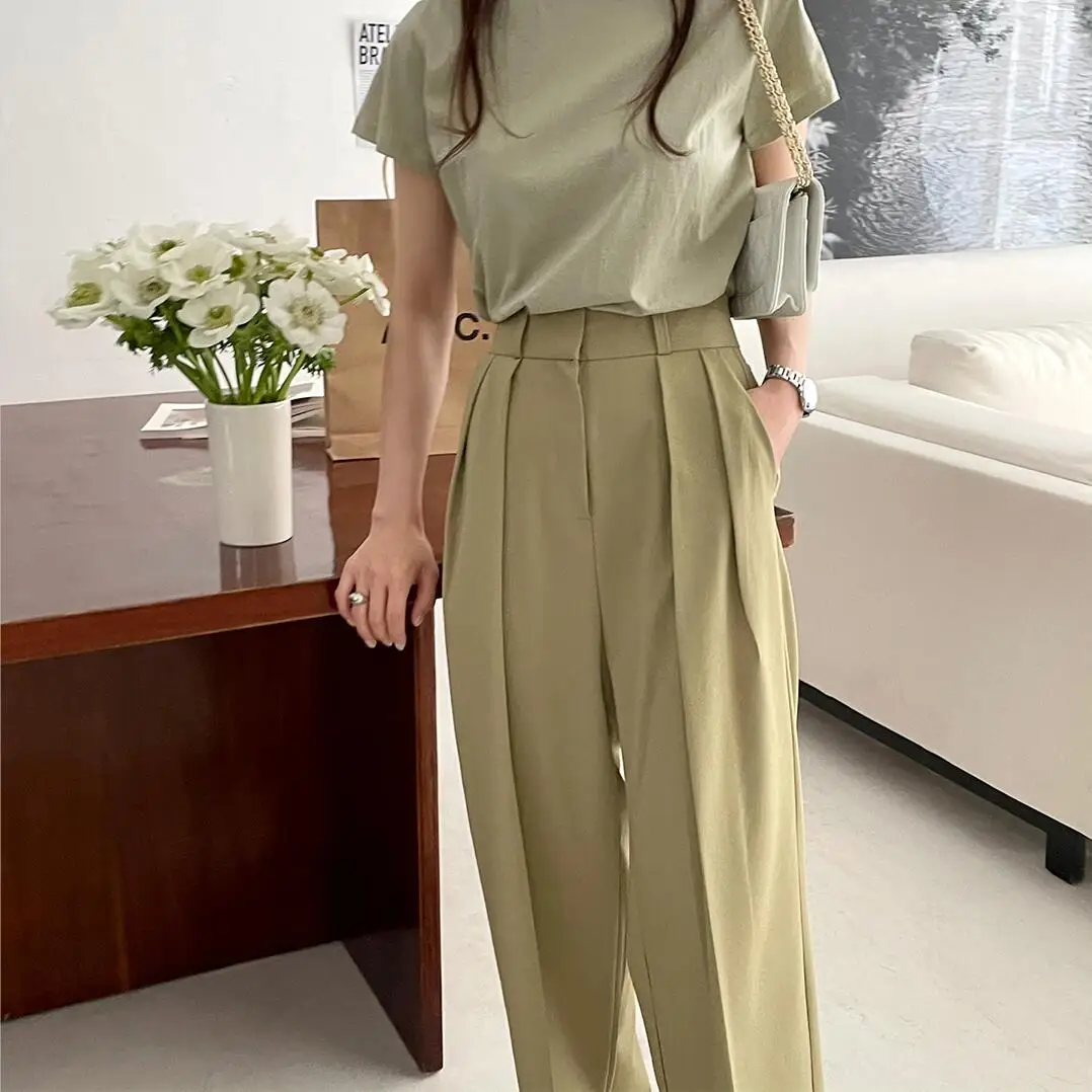 Ginza6 Korean high waist pants for women casual crop straight suit slim fit  trousers 5581# | Lazada PH