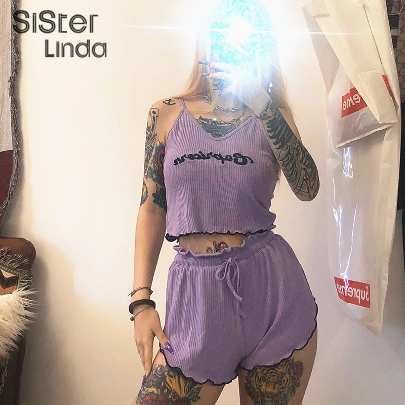 Sisterlinda High Quality Loose Top Shorts Women 2 Piese Set Outfits Sleeveless Crop Top V-Neck Camisole Shorts Female Mujer 2020 Sisterlinda High Quality Loose Top Shorts Women 2 Piese Set Outfits Sleeveless Crop Top V-Neck Camisole Shorts Female Mujer 2020