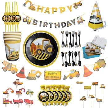 

Construction Vehicles Excavator theme Birthday Party Disposable Tableware Set Banners Baby Shower Fire truck Balloons Decoration