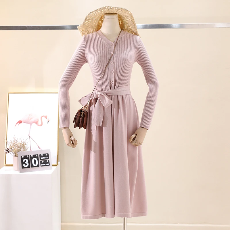 Pink ST1208 GIGOGOU, сексуальное женское вязаное платье-свитер с v-образным вырезом, с поясом, туника, миди, Vestidos, с длинным рукавом, с узлом, Осень-зима, ТРАПЕЦИЕВИДНОЕ ПЛАТЬЕ - Цвет: Pink ST1208