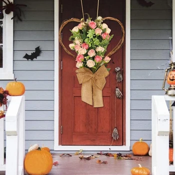 

Heart-Shaped Wreath Simulation Rose Flower Wreath Wall Hanging Pendent Door Wreath Wedding Props for Home Decoration