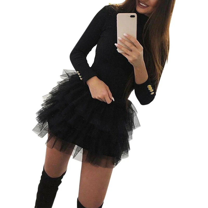 Women Long Sleeve Tulle Dress Spring Autumn Sexy Mini Dress for Woman Black Mesh Tulle Tutu Short Dress Evening Party Dresses
