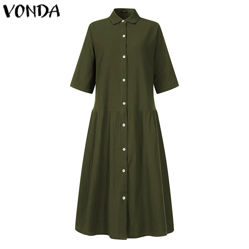 VONDA, женское винтажное сексуальное платье, повседневное, свободное, рукав 3/4, отложной воротник, пуговицы, Платья для вечеринок, лето, vestidos размера плюс 5XL