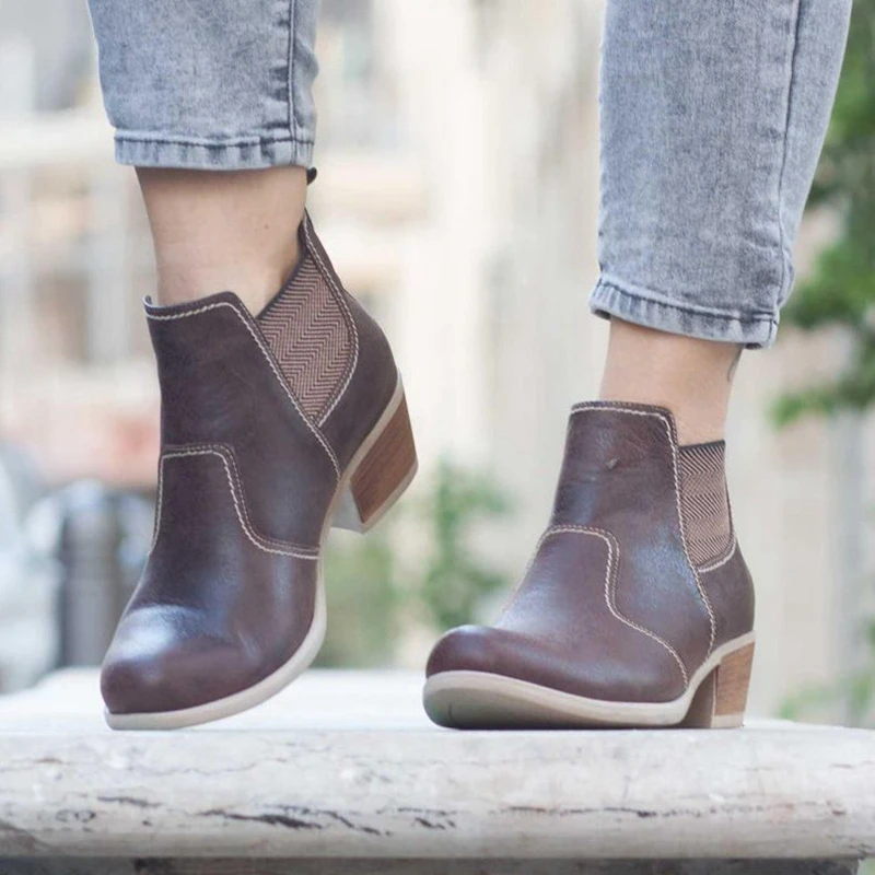 

SHUJIN Women Ankle Boots Female PU Leather Stripe Bota Feminina Solid Color Low Heel Boots Ladies Slip-On Chunky Heel Shoes