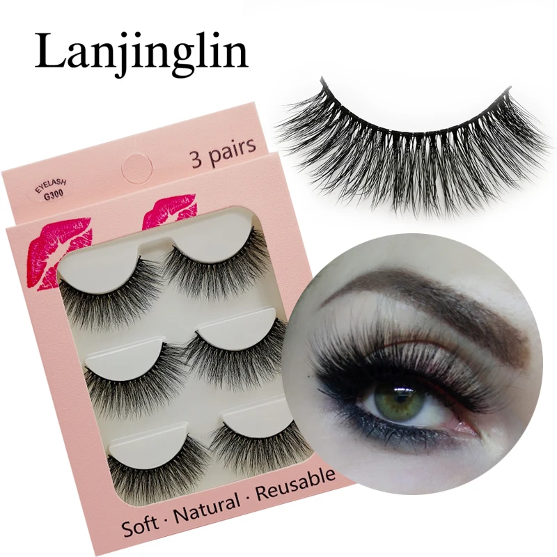 LANJINGLIN, 3 пары, норковые ресницы, искусственные норковые волосы, 3d ресницы для макияжа, пушистые тонкие накладные ресницы, натуральные, длинные, ручная работа