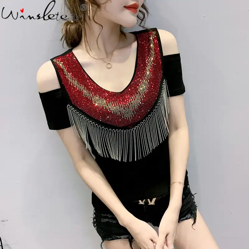 夏の韓国服tシャツファッションセクシーなオフショルダーシャイニーダイヤモンドタッセル女性トップスシャツすべて一致tシャツ新21 Ta Tシャツ Aliexpress