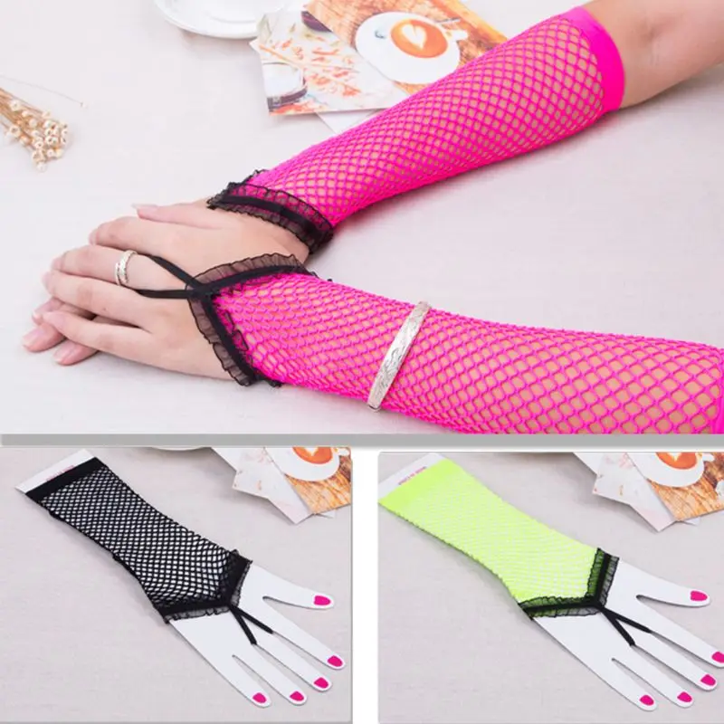 

Women Hollow Out Sheer Punk Elbow Long Fingerless Gloves Contrast Fishnet Dancing Party Mittens Ruffles Lace Trim Finger Loop