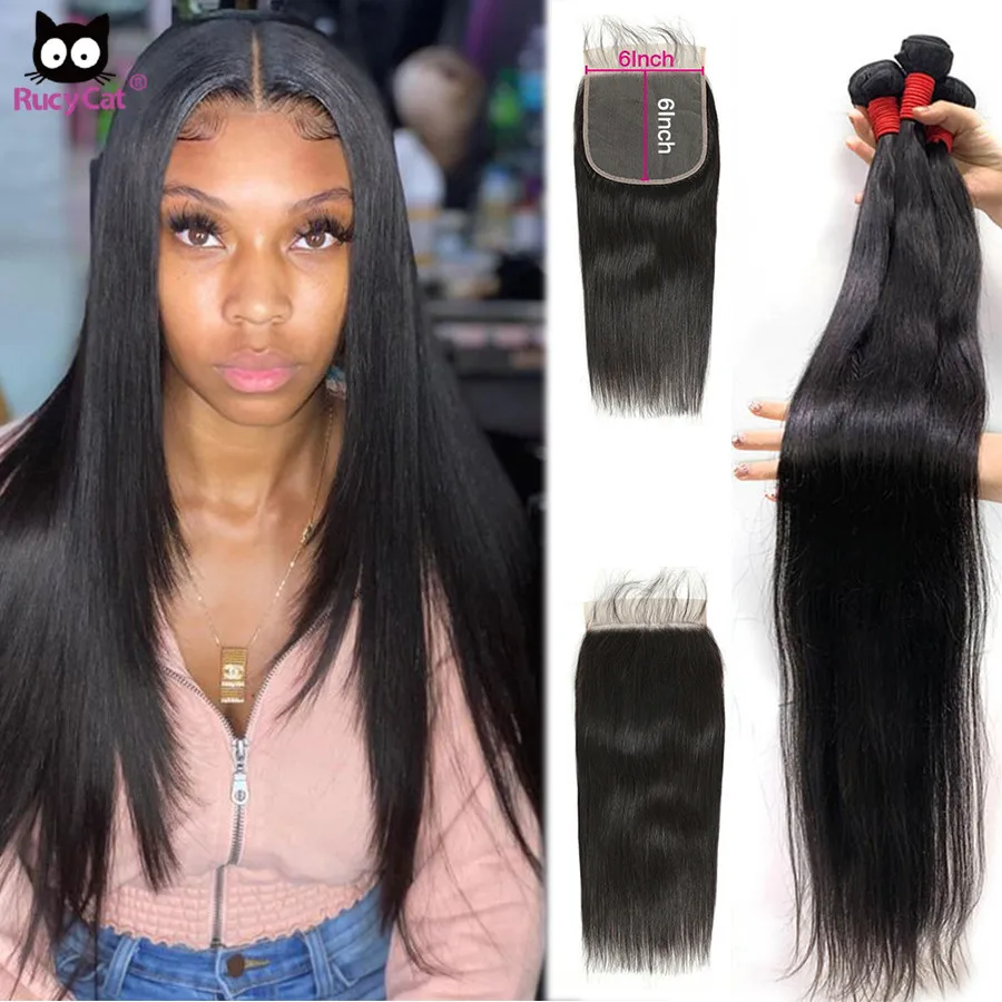 5x5 fechamento do laço com pacotes cabelo humano brasileiro pacotes com fechamento rucycat 32 34 36 polegada pacotes e 6x6 fechamento remy cabelo