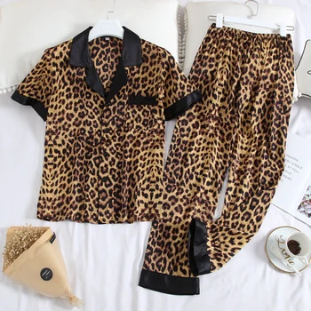 

JULY'S SMTWB Leopard Printed 2 Pieces Women's Pajamas Men Nightwear Lapel Collar Short Sleeve Unisex Couples Summer Sleepwear