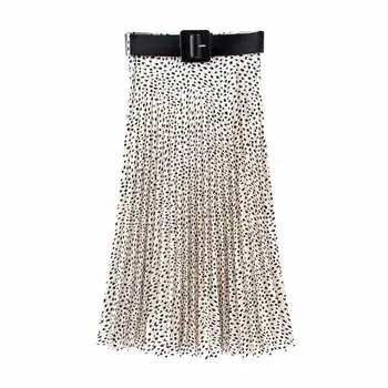 

2020 New Women Vintage irregular dots printing pleated midi skirt faldas mujer ladies PU sashes chic mid-calf skirts QUN593
