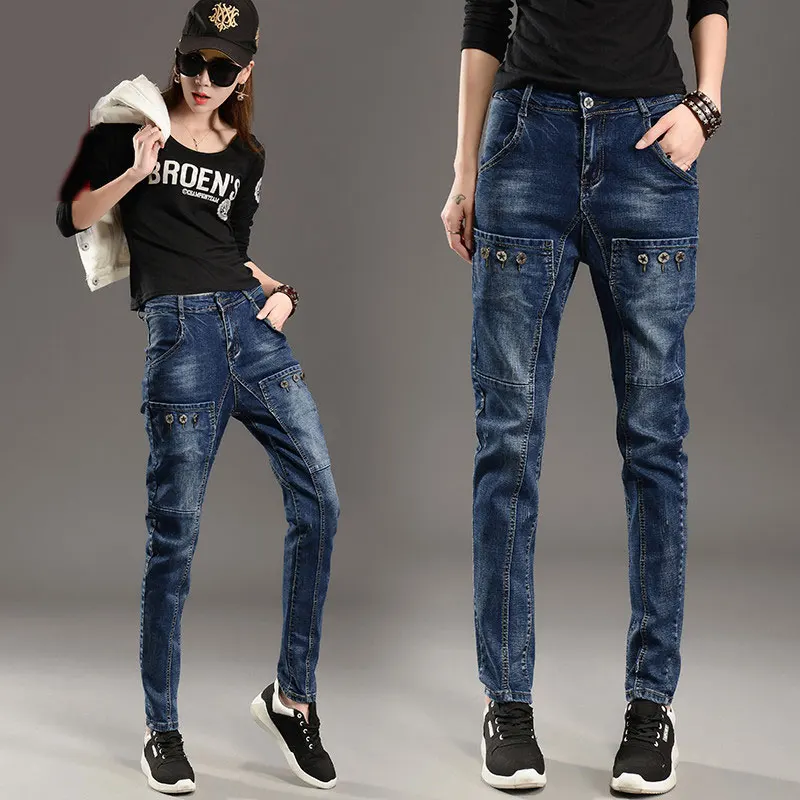 Goedkoop Vrouwen Fleece Warm Denim Harembroek Grote Zakken Jeans Retor Lady boyfriend jeans Loose Casual Hip hop Ineenstorting Harem broek