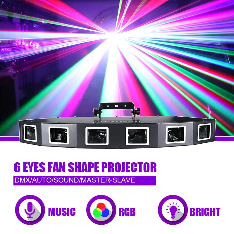 SUNART 6 눈 RGB 팬 모양 레이저 무대 조명 효과 프로젝터 DMX 음악 사운드 DJ 디스코 파티 바 크리스마스 휴일 램프