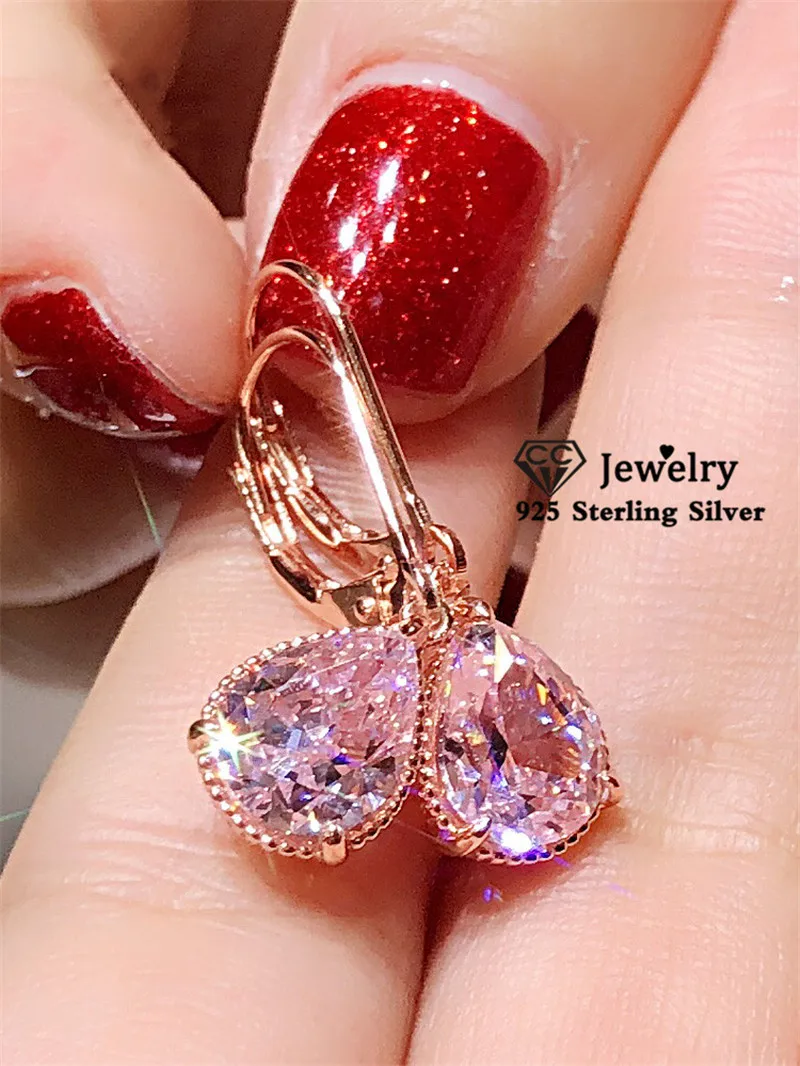 Drop-Earrings Bridal-Jewelry Wedding-Engagement Water-Drop Silver Pink S925 Cubic-Zirconia