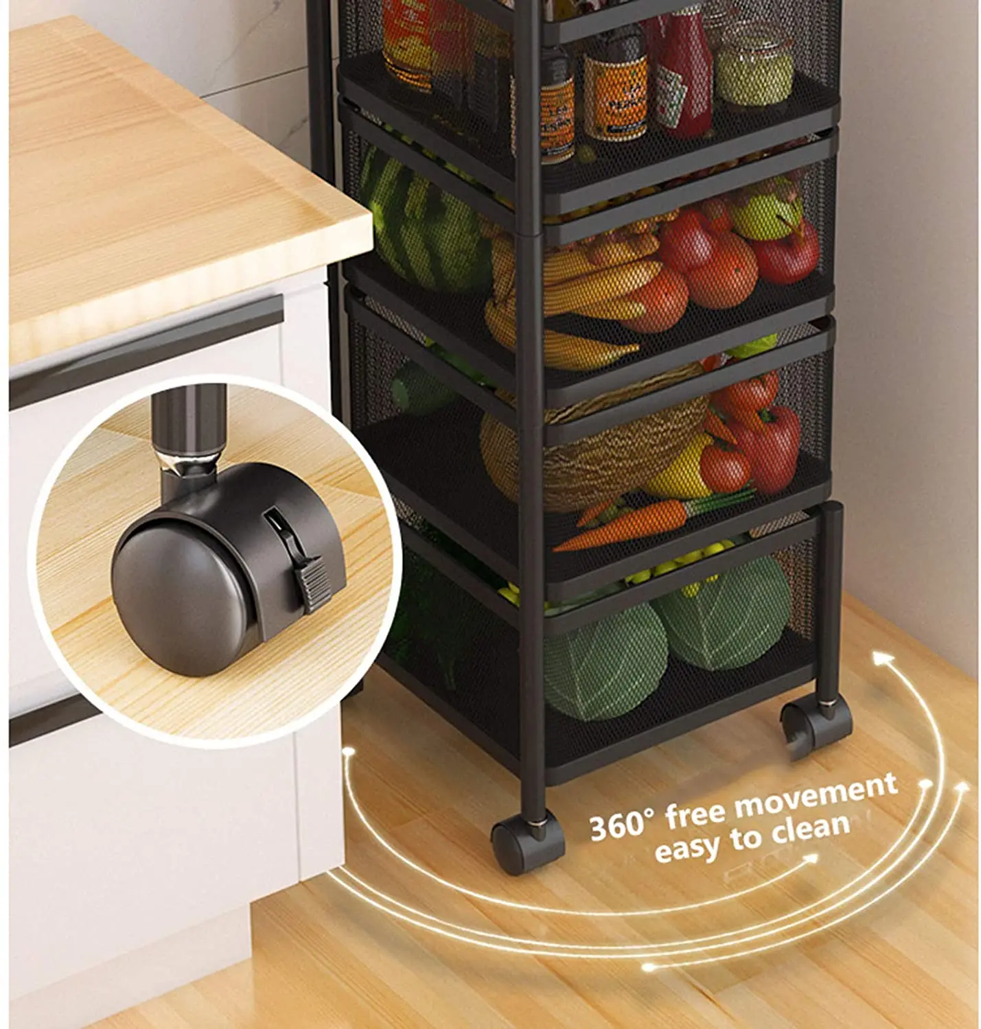 Kitchen Storage Rack with Wheels Round Standing Rack for Livingroom  Rotating Organizer Household Storage Shelf Black 5F