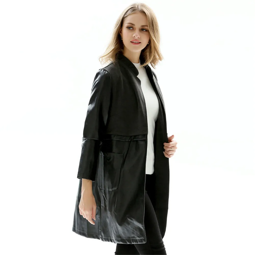 

Black faux leather coat women XL-5XL plus size slim PU jacket 2019 autumn winter new standing collar fashion long jacket LR523