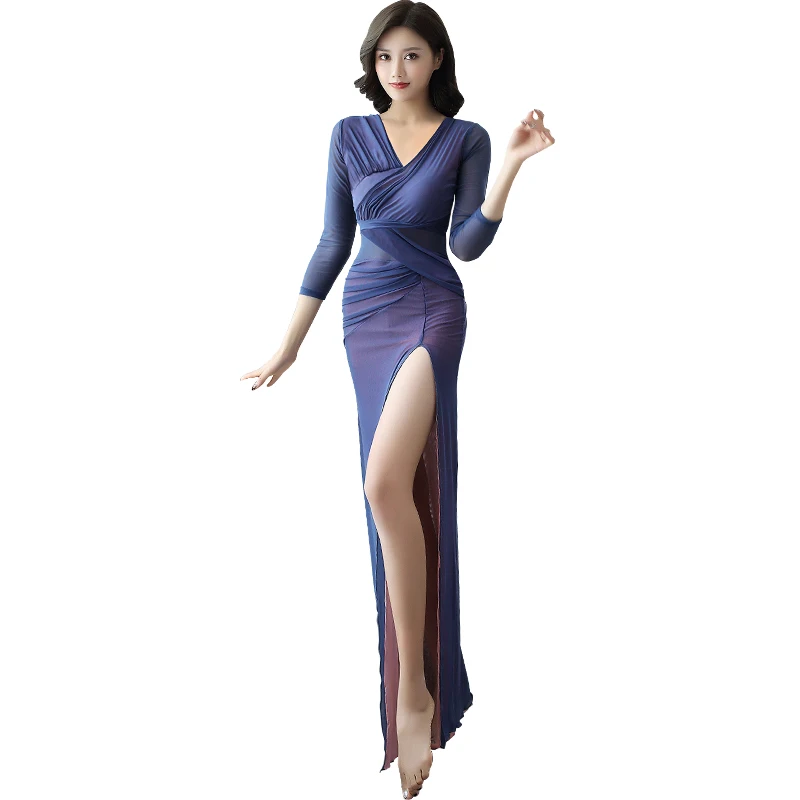 New Arrival Belly Dance Practice Clothing Female Oriental Bellydance Double-Mesh Long Dress Sexy V-Neck Split Dresses DL4583