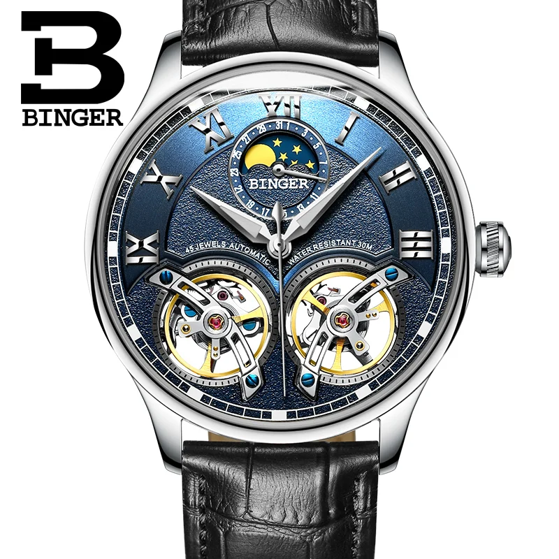 Двойные Tourbillon многофункциональные мужские часы BINGER оригинальные автоматические