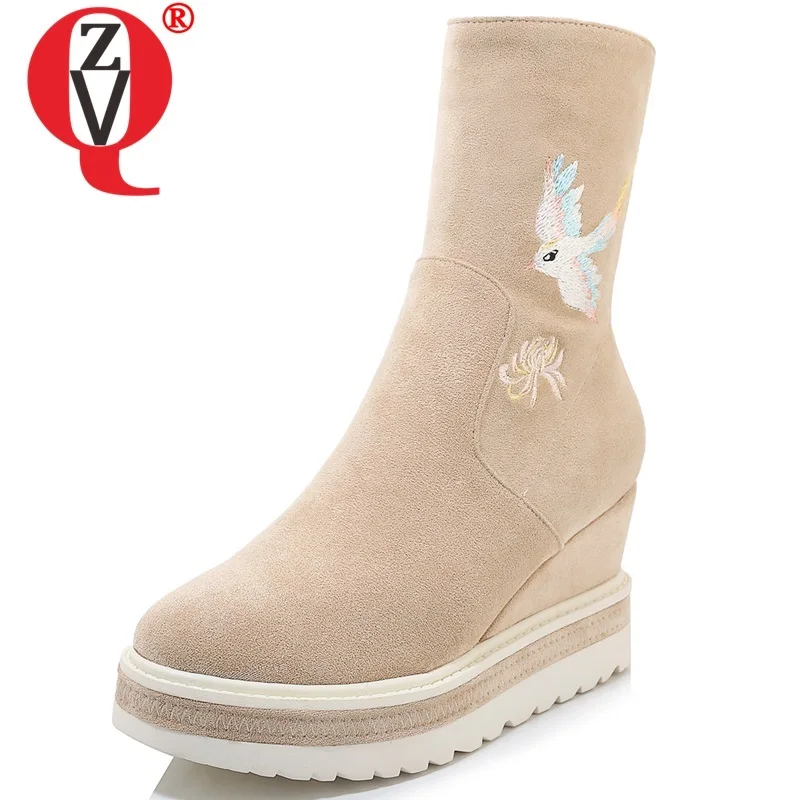 

ZVQ winter new warm mid calf boots outdoor high heels platform embroider zipper round toe kid suede women shoes drop shipping