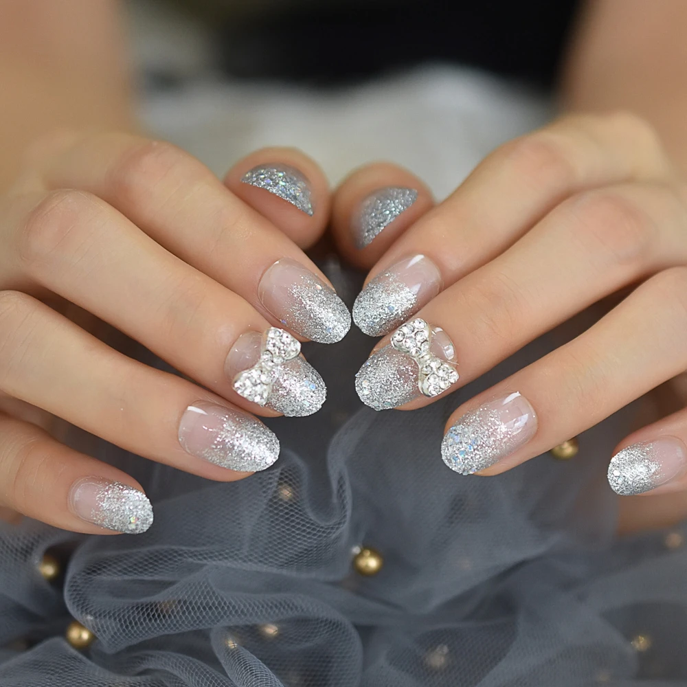 Gelnails Oval Short Press On Nails Hand Painted Silver Glitter Ombre Nail  Clear With Bowknot Shimmer Shiny Tips Designed - False Nails - AliExpress