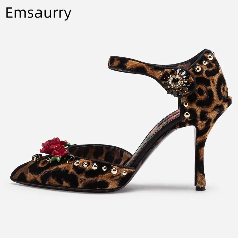 

Thin High Heel Sandals Women Point Toe Decor Flower Sandalias Slim Shallow Decor Rivets Footwear Ankle Buckle Sandals Women 2020