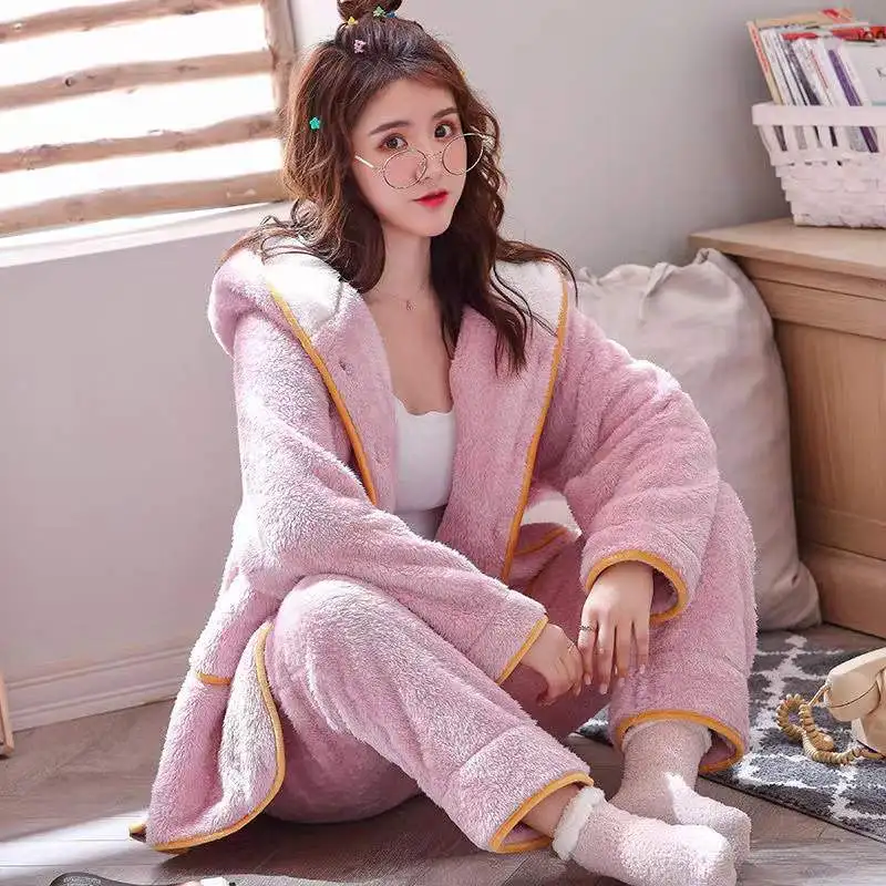 Coral Fleece Pajama Set For Women Winter Warm Flannel Pyjamas Suit Sweet Cute Home Clothing