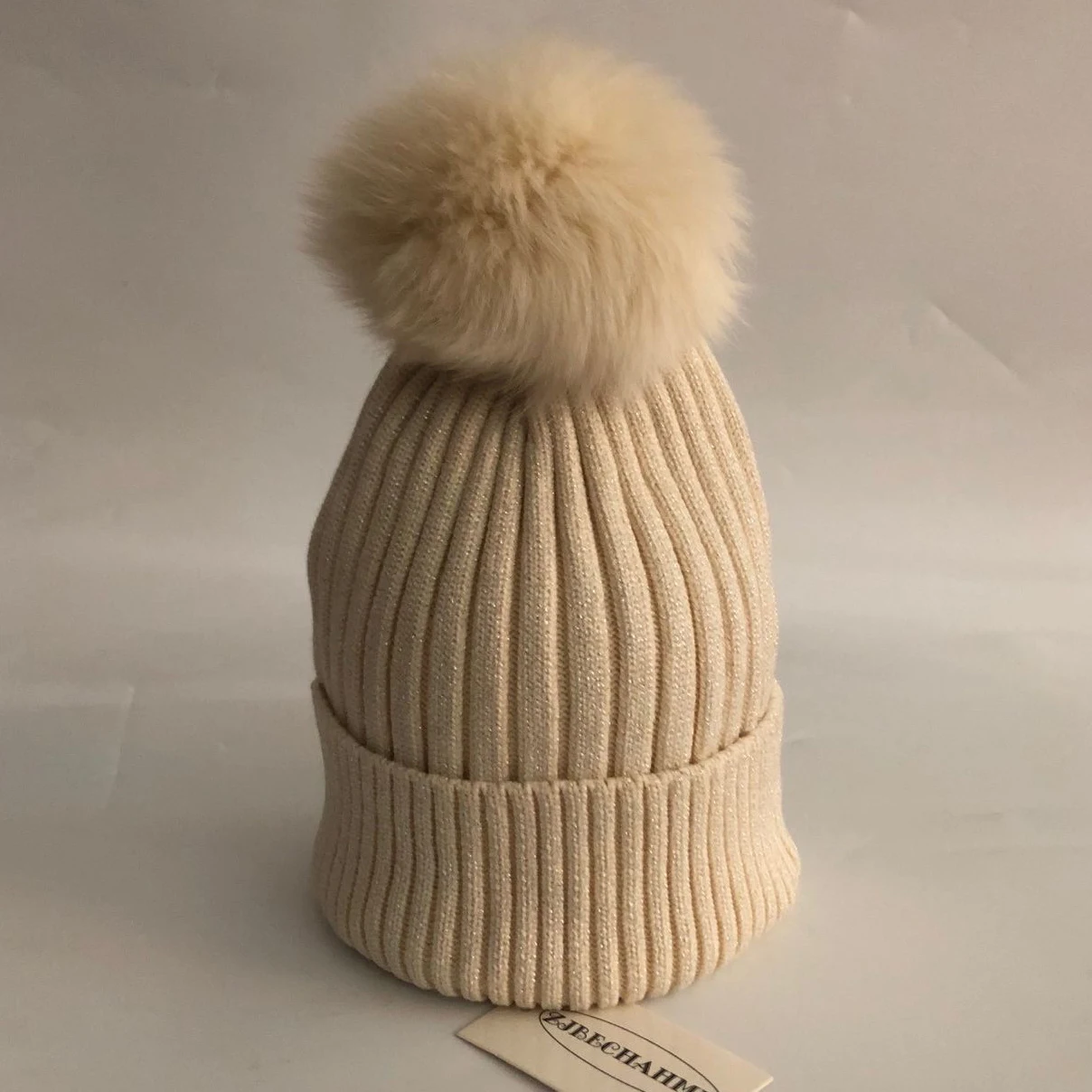ZJBECHAHMU, модная новинка, натуральный Лисий мех, норковые помпоны, Skullies Beanies, шапки для женщин, зимний, теплый, акриловый, Skullies Beanies, шапки - Цвет: Бежевый