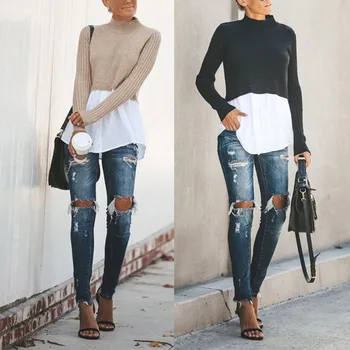 

Women Sweater Solid Color Autumn Winter Slim Long-Sleeved Round Collar Bottom Knit Stitching Sweater