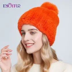 ENJOYFUR Мягкие Вязаные норковые меховые шапки для женщин зимние из натурального меха лисы бини с помпоном Модные Цветные Молодежные шапки на