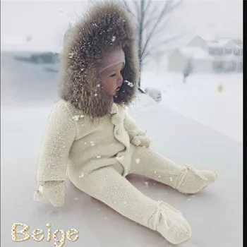 

New Baby Romper Girl Boy Faux Fur Collar Knitted Hooded Sweater Newborn Clothes Kids Warm Winter Clothes Long Jumpsuit