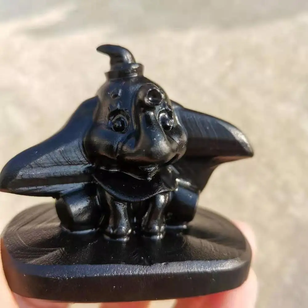 

Natural Black obsidian dumbo Carved lovely cartoon statue for Child