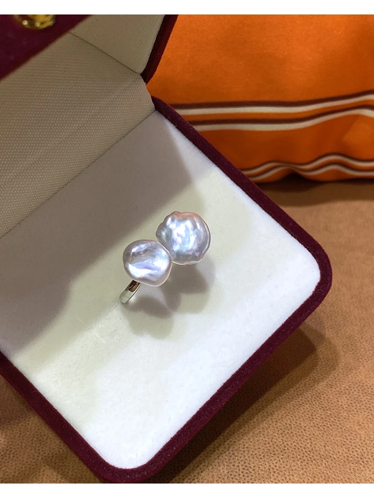 2021 Summer Female Pearl Ring Baroque Pearl Open Ring Adjustable Ring Setting Double Bead Ring Simple Female Ring Woman's Jewelr