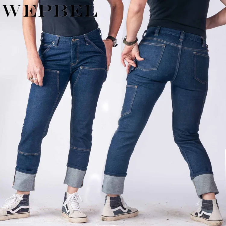 

WEPBEL Jeans Women's Mid-Waist Stitching Pocket Denim Straight Pants Autumn Casual Bleached Washed Vintage Solid Color Jeans