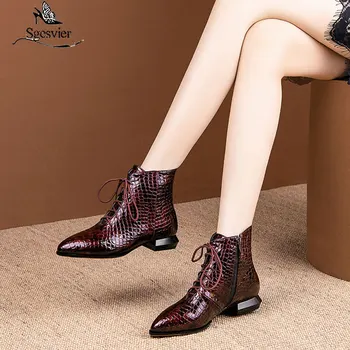 

SGESVIER 2020 new arrival spring ankle boots women snake pointed toe lace up low heel casual shoes female short boots size 33-50