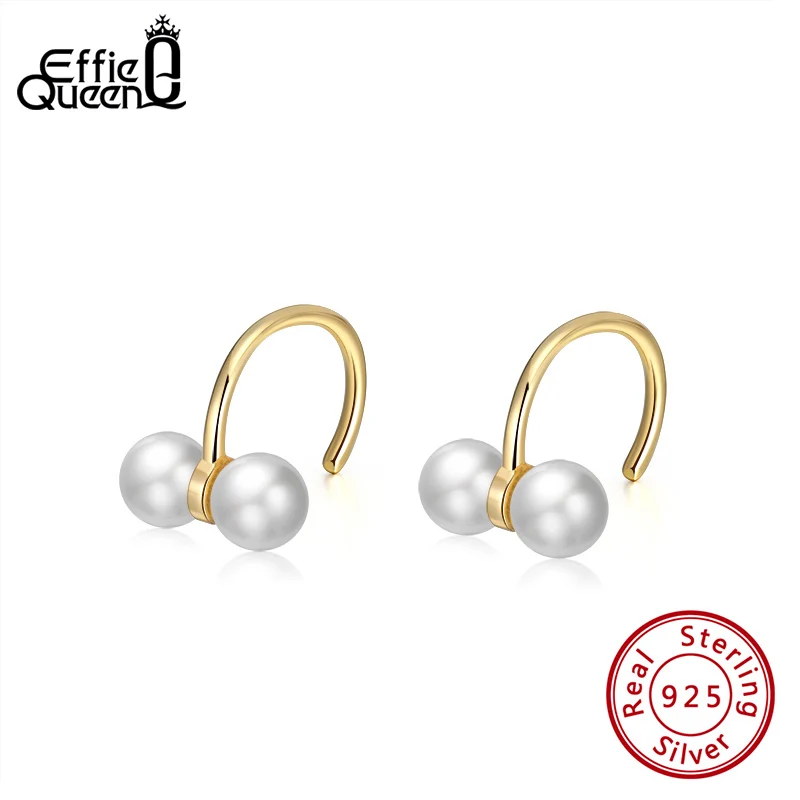Effie Queen Trendy Gold Color 925 Silver Stud Earrings with Top Grade Simulated Pearl Earring Woman Jewelry Party Gift BE285