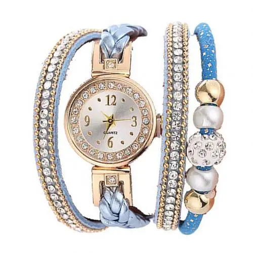 Брендовые модные женские часы, многослойные кварцевые часы, браслет, наручные часы, стразы, бисер, круглый циферблат, кнопка оснастки, relog feminino - Цвет: Синий