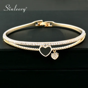 

SINLEERY Romantic Black Heart Bangle Cuff For Women Gold Silver Color Crystal Heart Pendant Bracelets Women SL151 SSC