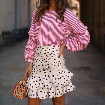 

2020 chic women summer white pleated ruffles za mini skirt female fashion polka dot print irregular high waist skirts jupe femme