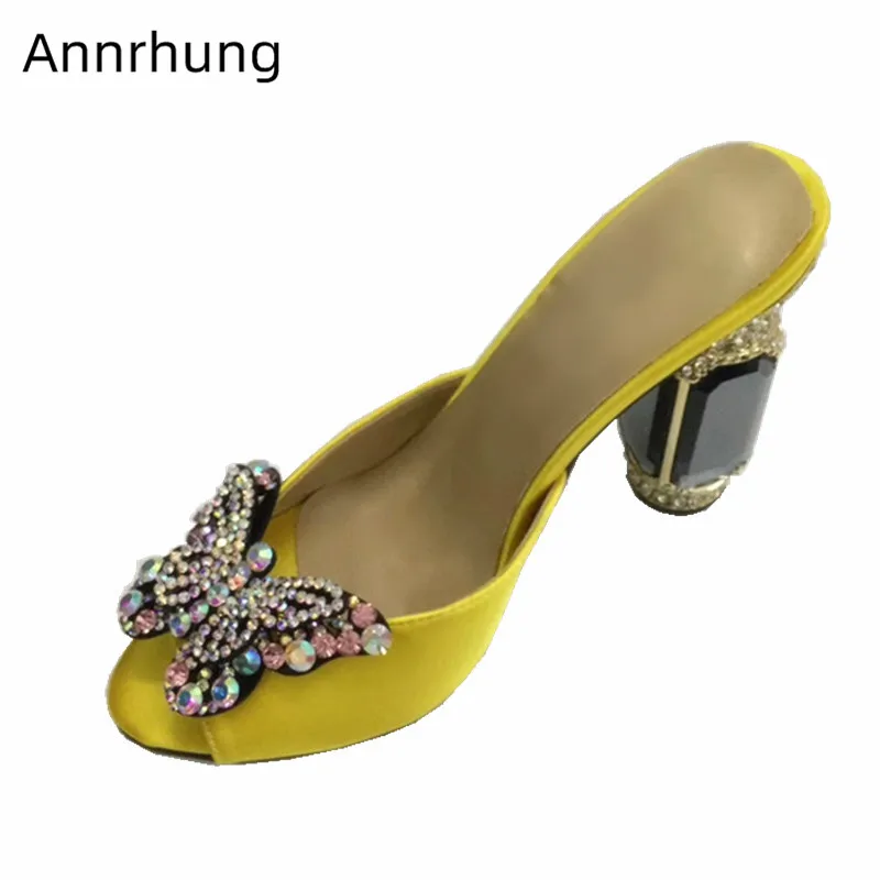 

2019 Jewellery Slippers Women Crystal Butterfly Decor High Heels Sexy Peep Toe Glass Heel Slides Satin Party Shoes Customized