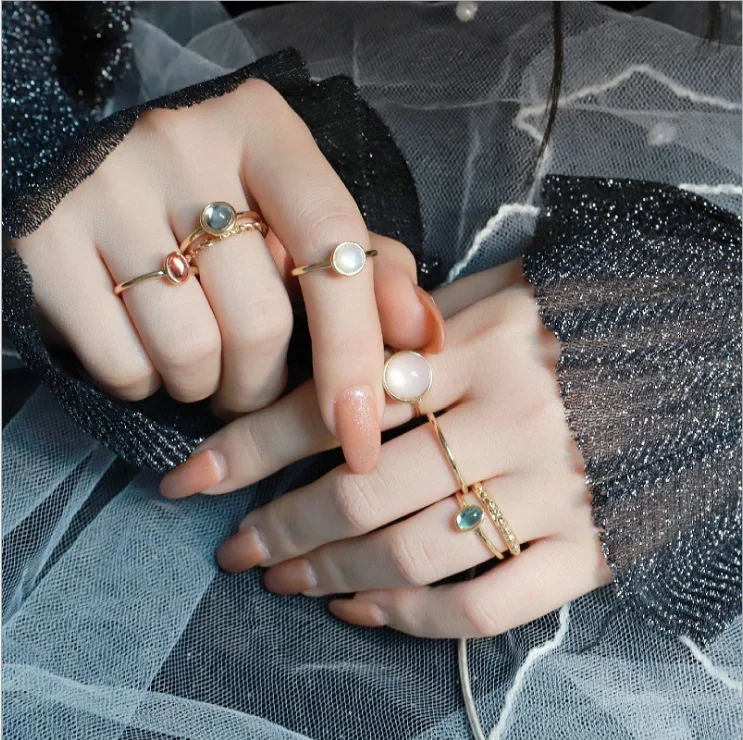 Vintage Colorful Stone Metallic Chain Trendy Geometry Hit Rings Set 8pcs/set for Women Girls Jewelry,ring set