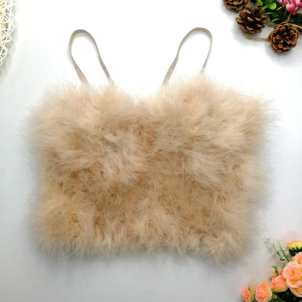 Faux Fur Solid Pink Performance Crop Top To Wear Out Autumn Corset Top Sexy Tops Women Bra Push Up Bustier Female Tops Mujer white bra Tanks & Camis