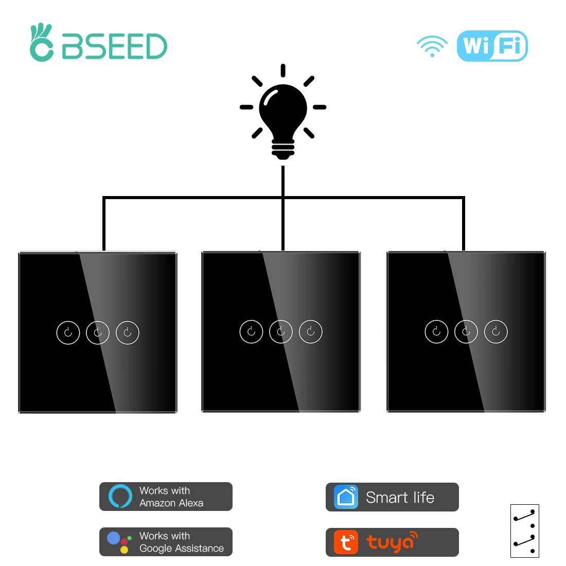 

BSEED Light Switch With Wifi 3Gang Smart Switch 3Way Tuya Alexa Smart House Wireless Switch Crystal Panel Neutral Required